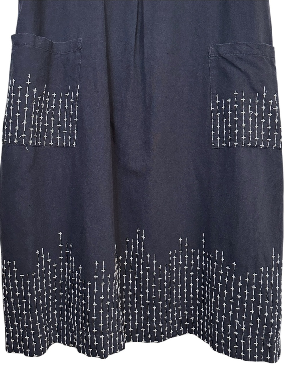 GUDRUN SJODEN Navy Linen Blend Embroidered Dress Scandinavian Lagenlook Pocket M - Picture 4 of 13
